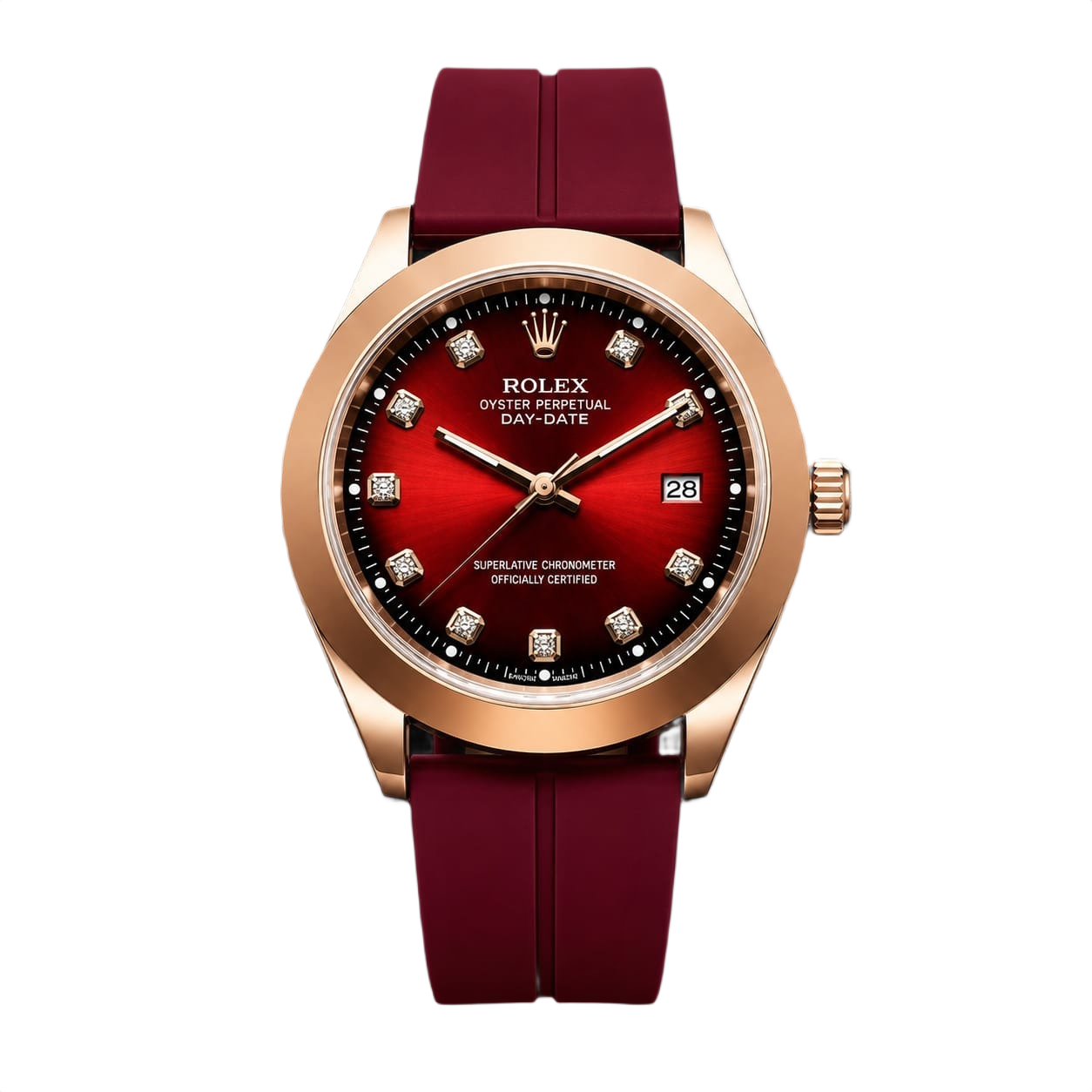 Rolex Style Ruby Red Dial Rose Gold Watch